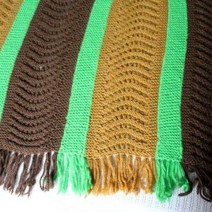 HANDMADE AFGHAN THROW dark brown tan lime green stripe queen size knitted